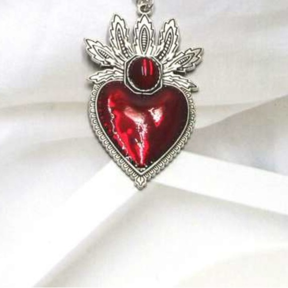 “Blooming Sacred Heart” Ruby Red Fiery Jesus Immaculate Mary Catholic Necklace - Picture 4 of 16
